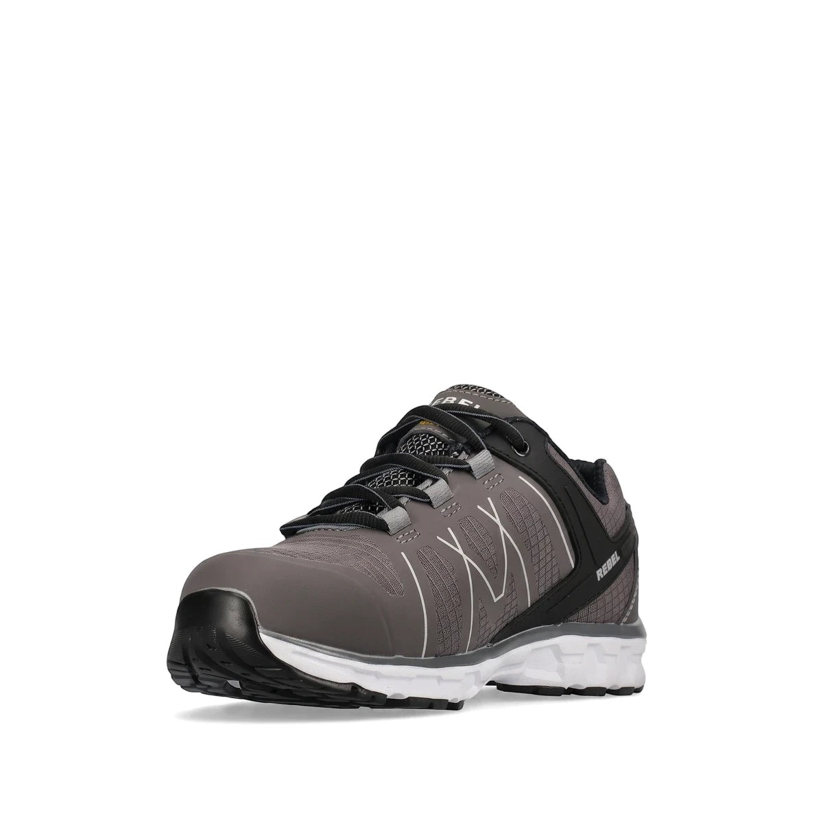 Rebel Mens Light Industrial Safety Shoe in gray and black with white soles, shown angled on a white background.