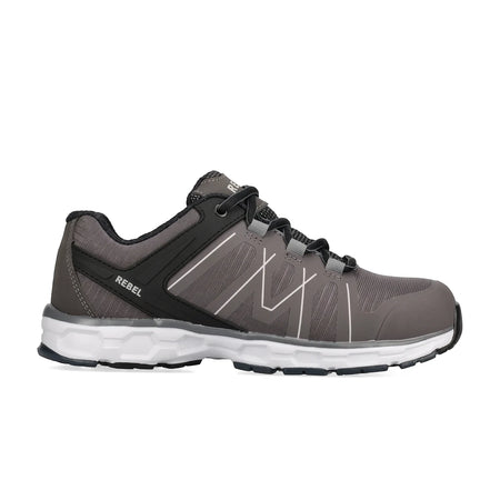 Gray Rebel Mens Light Industrial Safety Shoe, side profile, with black laces and a white hexagonal pattern on the midsole.