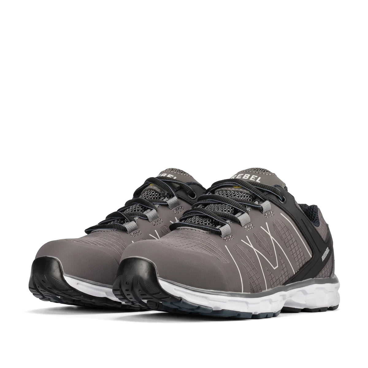 Rebel Mens Light Industrial Safety Shoe in grey and black with white soles, designed for comfort and protection.