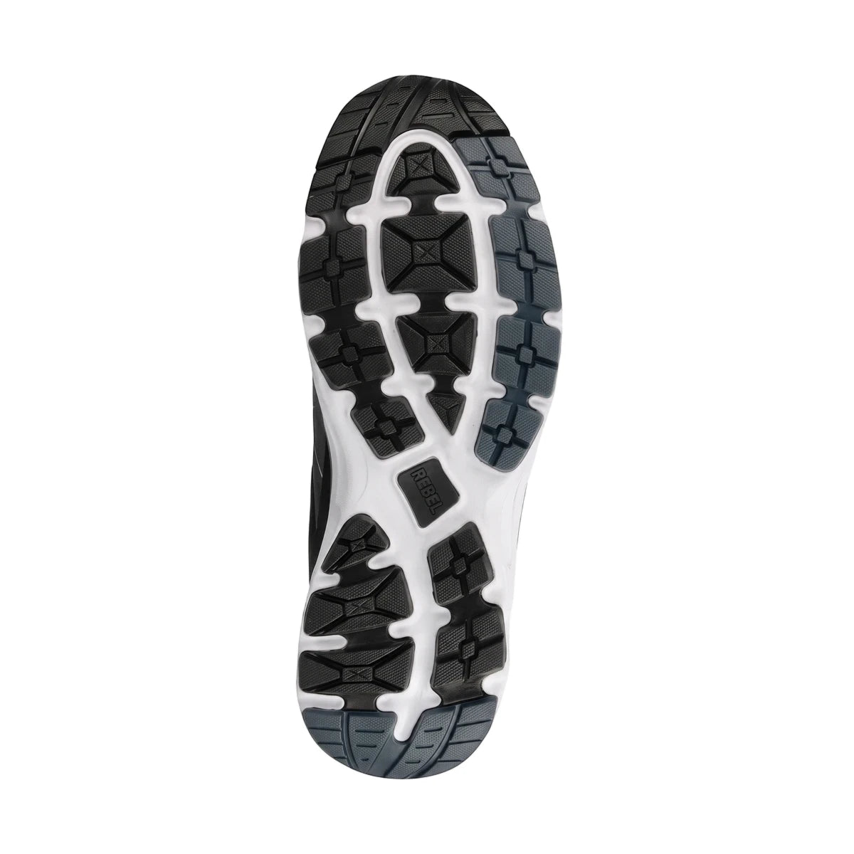 Rebel Mens Light Industrial Safety Shoe sole showing black, white, and dark gray tread pattern from below, on a white