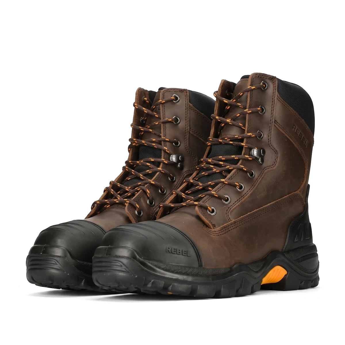 Rebel Miners S3 Safety Boot in brown distressed leather with black rubber toe caps and orange accents, shown from a slight