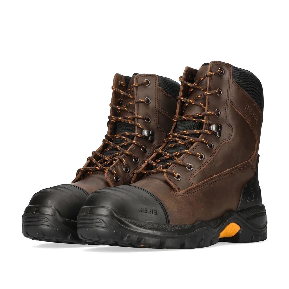 Rebel Miners S3 safety work boots in brown leather with black toe caps and orange accents, shown paired on a white
