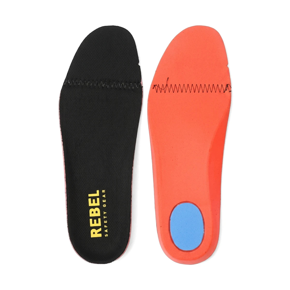 A pair of Rebel Platinum Safety Footbeds, one black and one orange, displayed in a flat-lay view. The insoles feature a