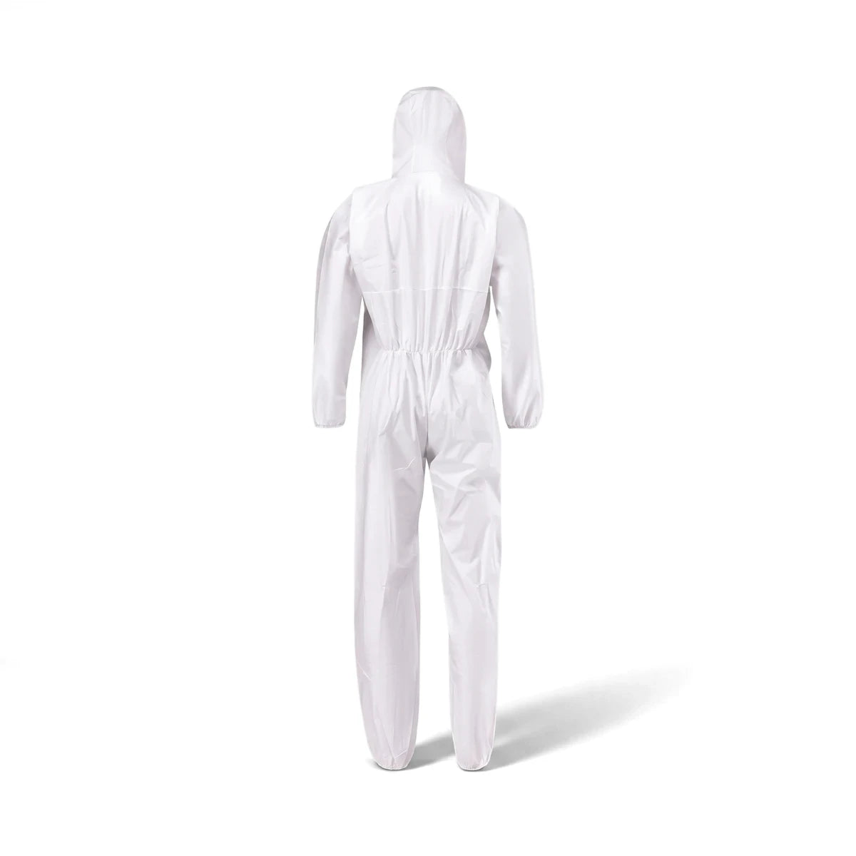 Rear view of a white Rebel Proguard Type 5/6 Disposable Coverall with hood and elasticated waist and cuffs.