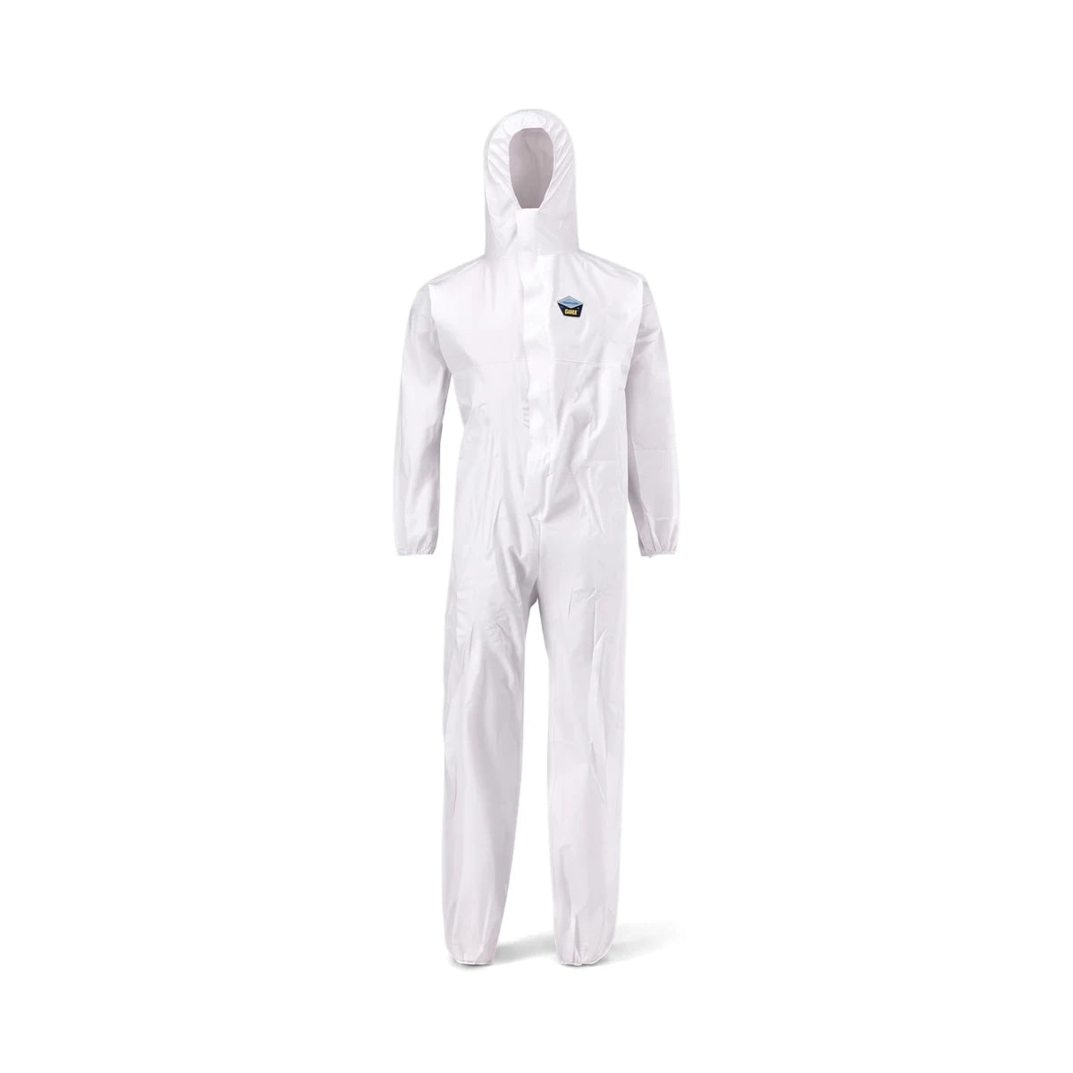 Rebel Proguard Type 5/6 Disposable Coverall in white, featuring a hood and long sleeves, full body view.