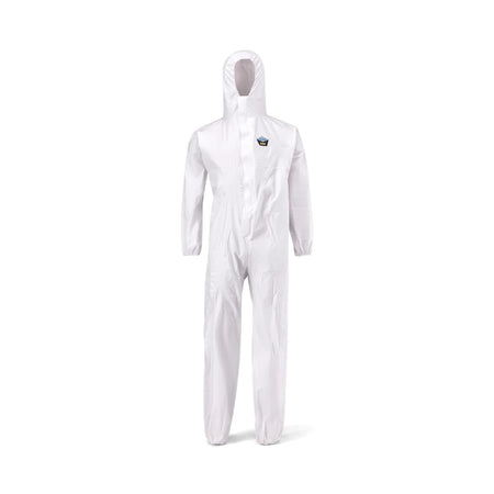 Rebel Proguard Type 5/6 Disposable Coverall in white, featuring a hood and long sleeves, full body view.
