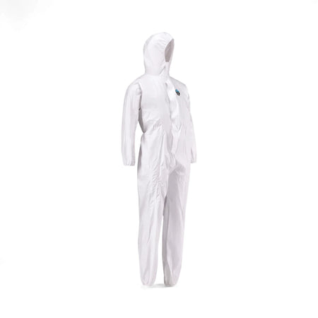 White Rebel Proguard Type 5/6 disposable coverall, featuring a hood and full-body protection, shown in a standing full view.