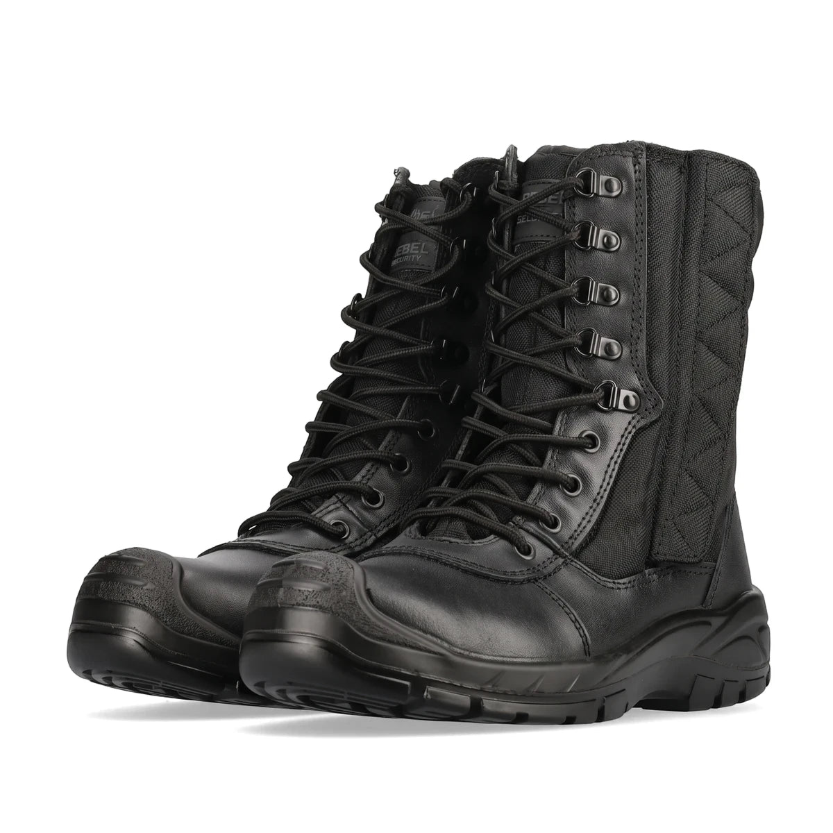 Pair of black leather Rebel Security Hi Safety tactical boots with laces and rugged soles, side view.