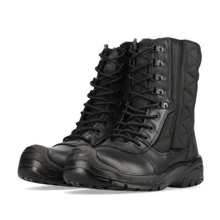 Pair of black leather Rebel Security Hi Safety tactical boots with laces and rugged soles, side view.