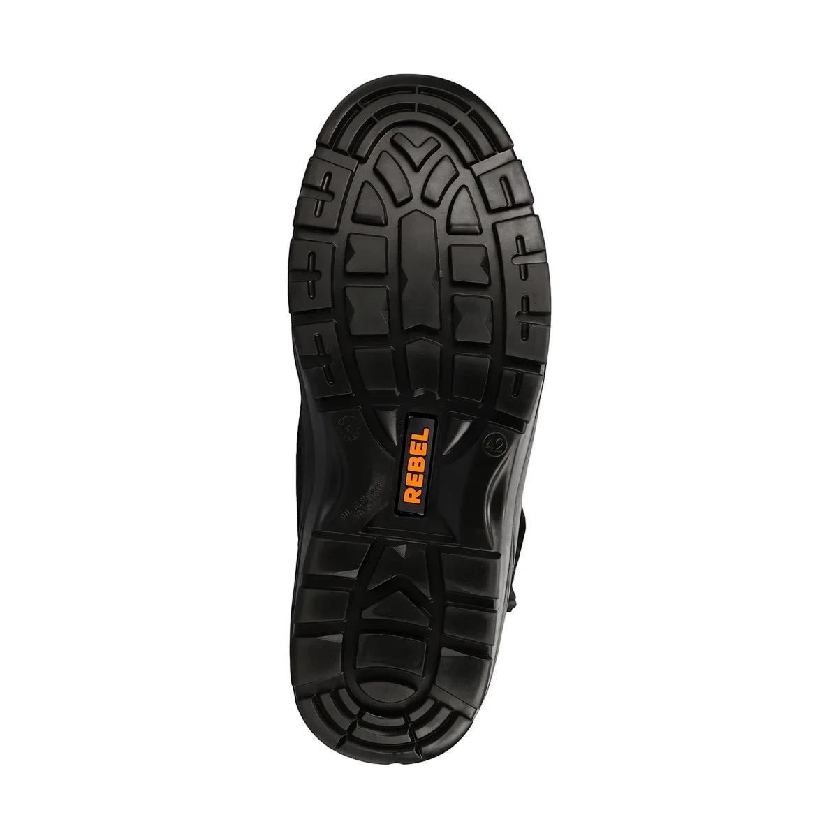 Rebel Security Hi Safety Boot, featuring a rugged black rubber sole with deep tread pattern and orange branding, viewed from