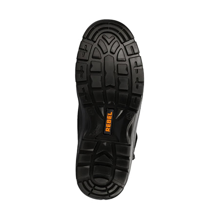 Rebel Security Hi Safety Boot, featuring a rugged black rubber sole with deep tread pattern and orange branding, viewed from