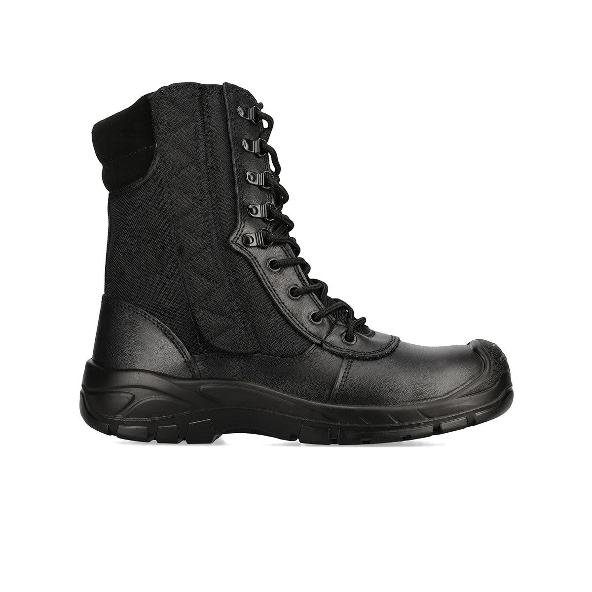 Black hi-cut Rebel Security Hi Safety Boot with lace-up design, featuring a reinforced toe and rugged sole, presented from a