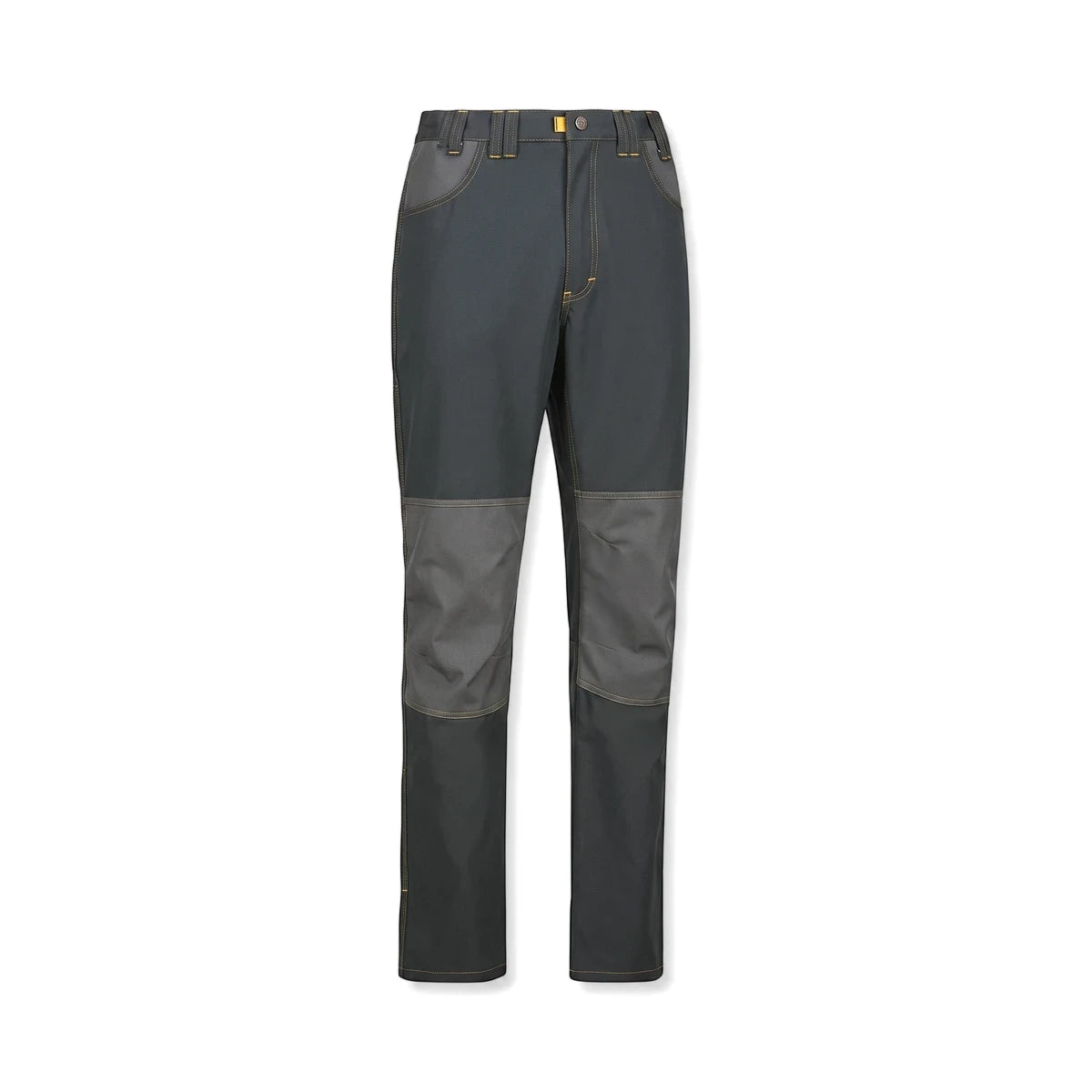 Rebel Tech Gear Mens Basix Work Trousers in granite dark gray, with reinforced gray knee panels and yellow stitching, front