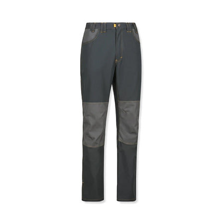 Rebel Tech Gear Mens Basix Work Trousers in granite dark gray, with reinforced gray knee panels and yellow stitching, front