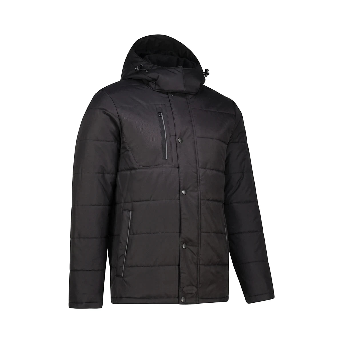 Black men's Rebel Tech Gear Thermoshell Puffer Jacket with a hood, zipper, and snap buttons, shown from a three-quarter view.