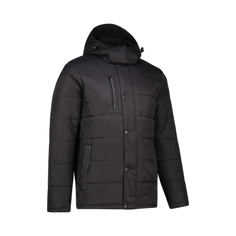 Black men's Rebel Tech Gear Thermoshell Puffer Jacket with a hood, zipper, and snap buttons, shown from a three-quarter view.