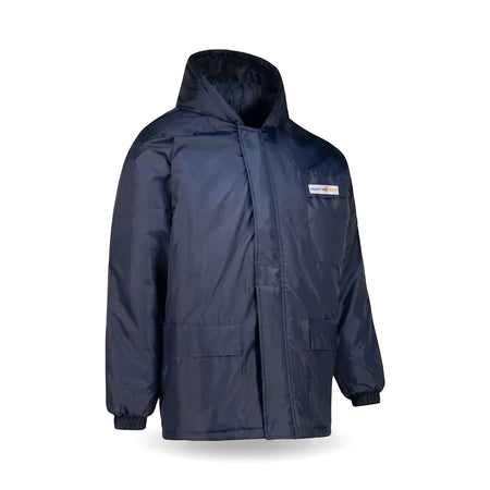 Navy blue insulated Rebel Thermoskin Freezer Jacket with an attached hood and two front flap pockets, displayed on a white