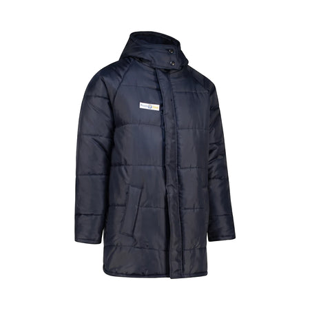 Rebel Thermoskin Plus Freezer Jacket in dark blue, featuring a hood, padded design, and front zipper closure.