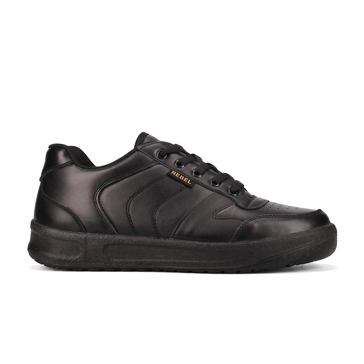 Rebel Workpro men's non-safety toe shoe in black, made of smooth leather with a side profile view.