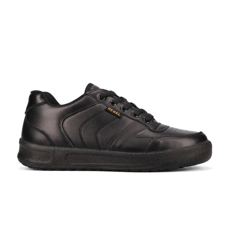 Rebel Workpro men's non-safety toe shoe in black, made of smooth leather with a side profile view.