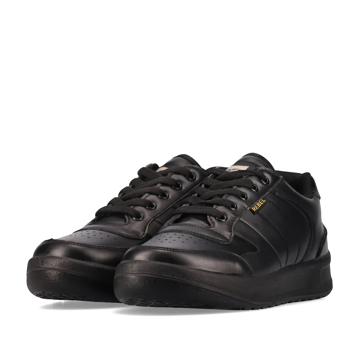 A pair of black Rebel Workpro Non-Safety Toe Shoes, featuring a low-top design with black laces and durable leather-look