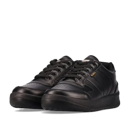 A pair of black Rebel Workpro Non-Safety Toe Shoes, featuring a low-top design with black laces and durable leather-look