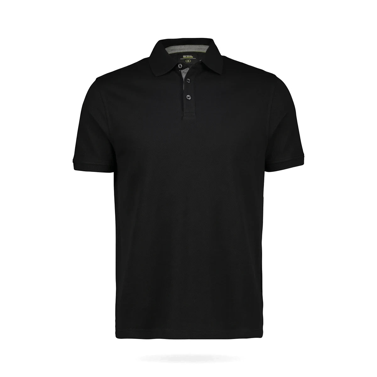 Front view of a black Rebel Workwear Golf Shirt, featuring a classic polo collar, short sleeves, and a three-button placket.