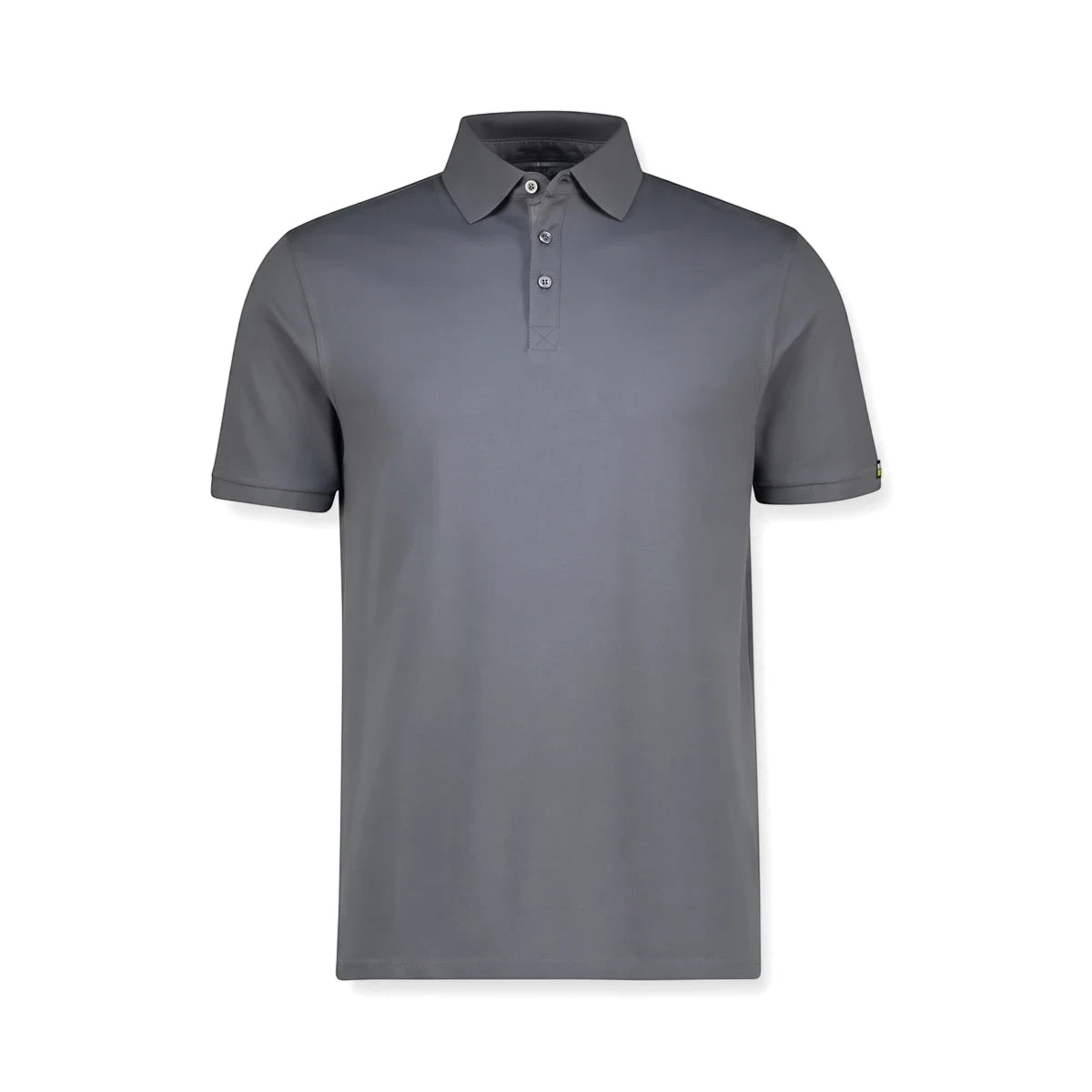 Rebel Workwear men's golf shirt in grey, featuring short sleeves and a three-button placket, shown on a white background.