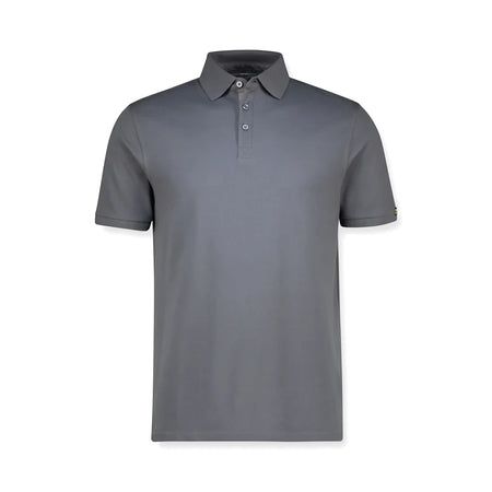 Rebel Workwear men's golf shirt in grey, featuring short sleeves and a three-button placket, shown on a white background.