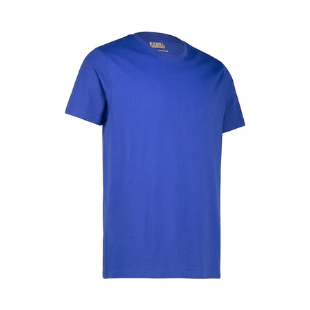 Royal blue Rebel Workwear short sleeve t-shirt displayed upright, highlighting its crew neck and smooth fabric.