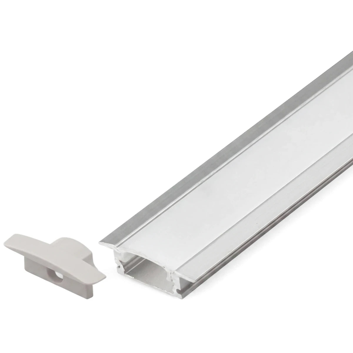 Silver recessed aluminum extrusion profile with a white diffuser cover and a separate gray end cap, shown diagonally.
