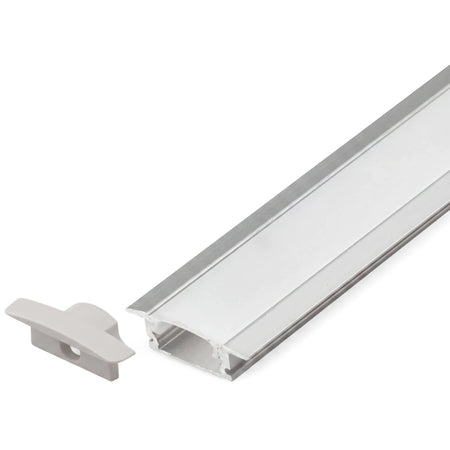 Silver recessed aluminum extrusion profile with a white diffuser cover and a separate gray end cap, shown diagonally.