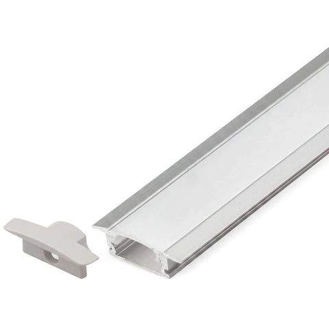 Silver recessed aluminum extrusion profile with a white diffuser cover and a separate gray end cap, shown diagonally.
