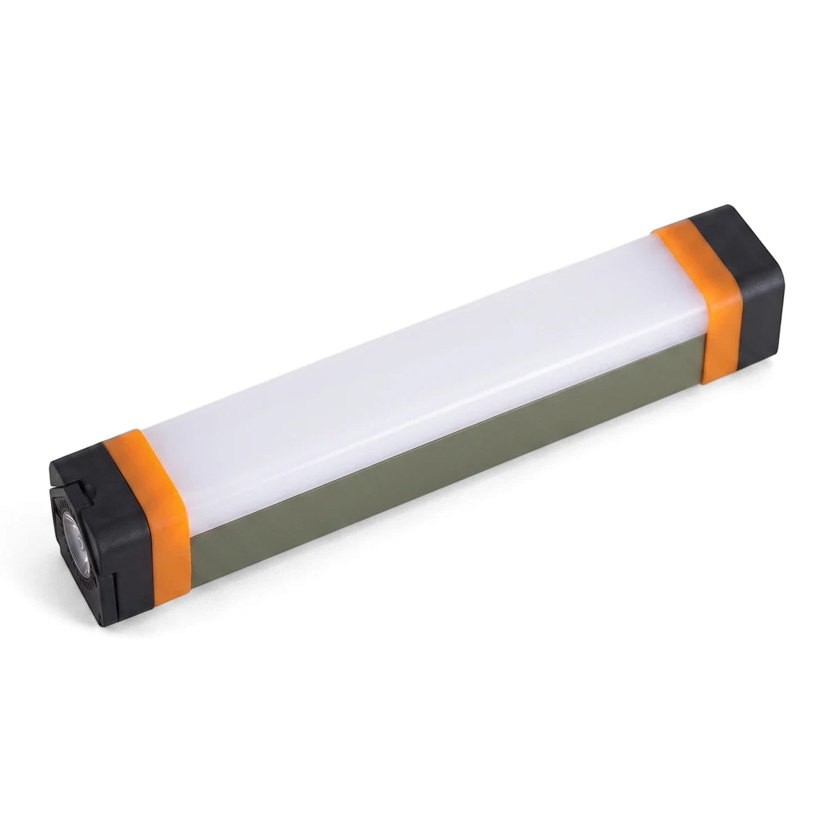 Rechargeable 3.5W LED camping light and ceiling light, featuring a rectangular olive green body, orange bands, and white