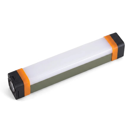 Rechargeable 3.5W LED camping light and ceiling light, featuring a rectangular olive green body, orange bands, and white