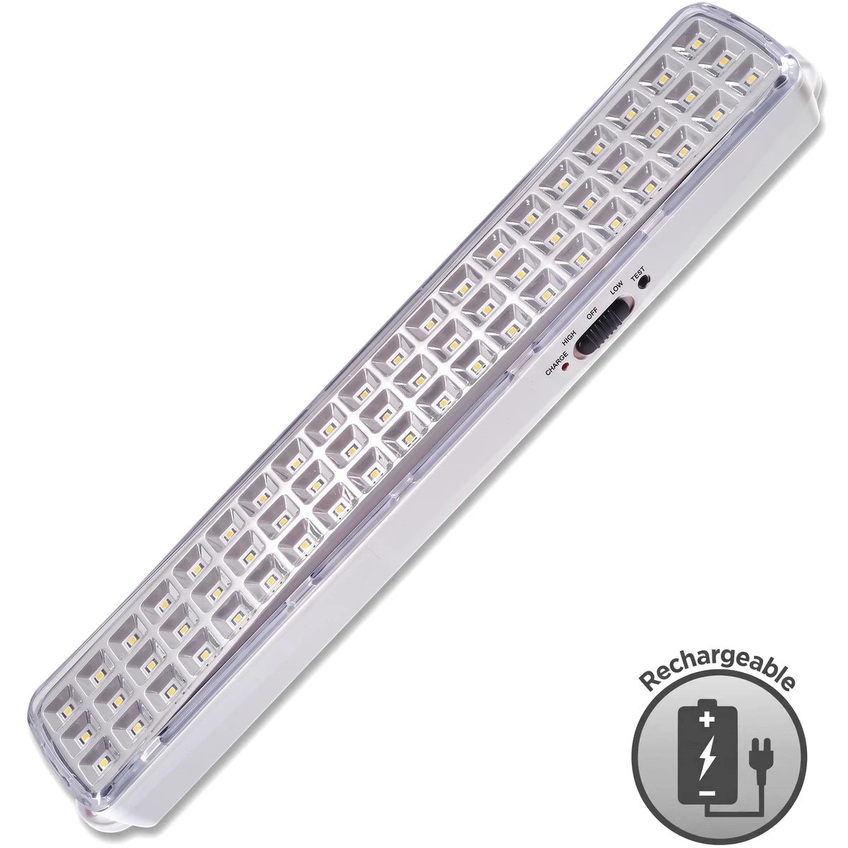 White rechargeable emergency light with 60 LED bulbs, featuring high, low, and test modes, and a charging indicator.