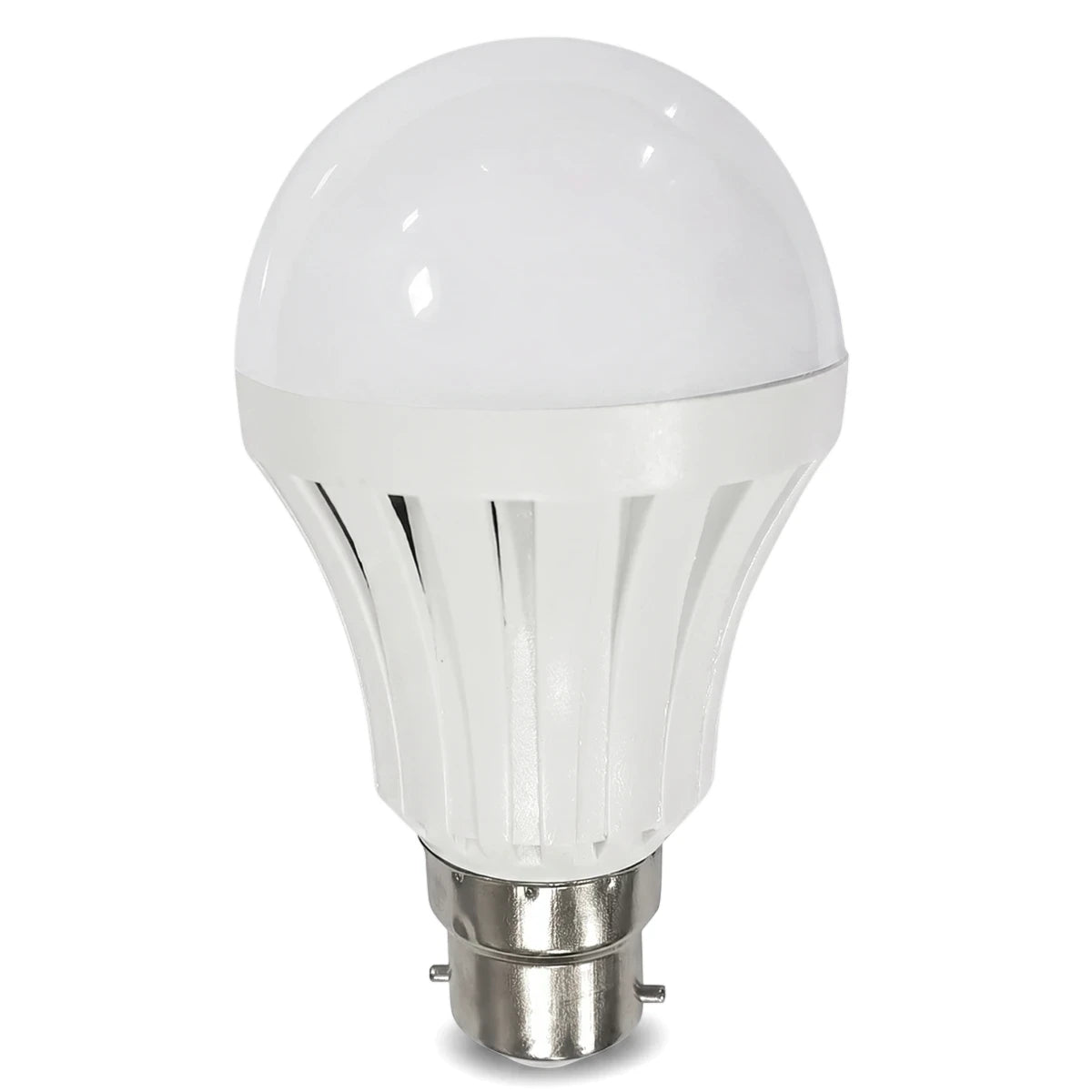 Rechargeable LED A60 bulb 5W 4000K with B22 bayonet base, white plastic housing, front view