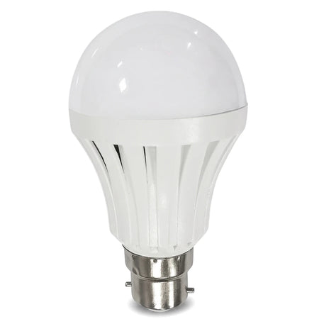 Rechargeable LED A60 bulb 5W 4000K with B22 bayonet base, white plastic housing, front view