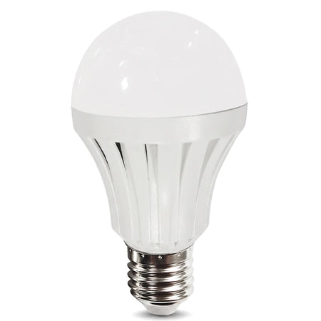 White rechargeable LED A60 bulb with a ribbed base and E27 screw fitting, shown upright on a white background.