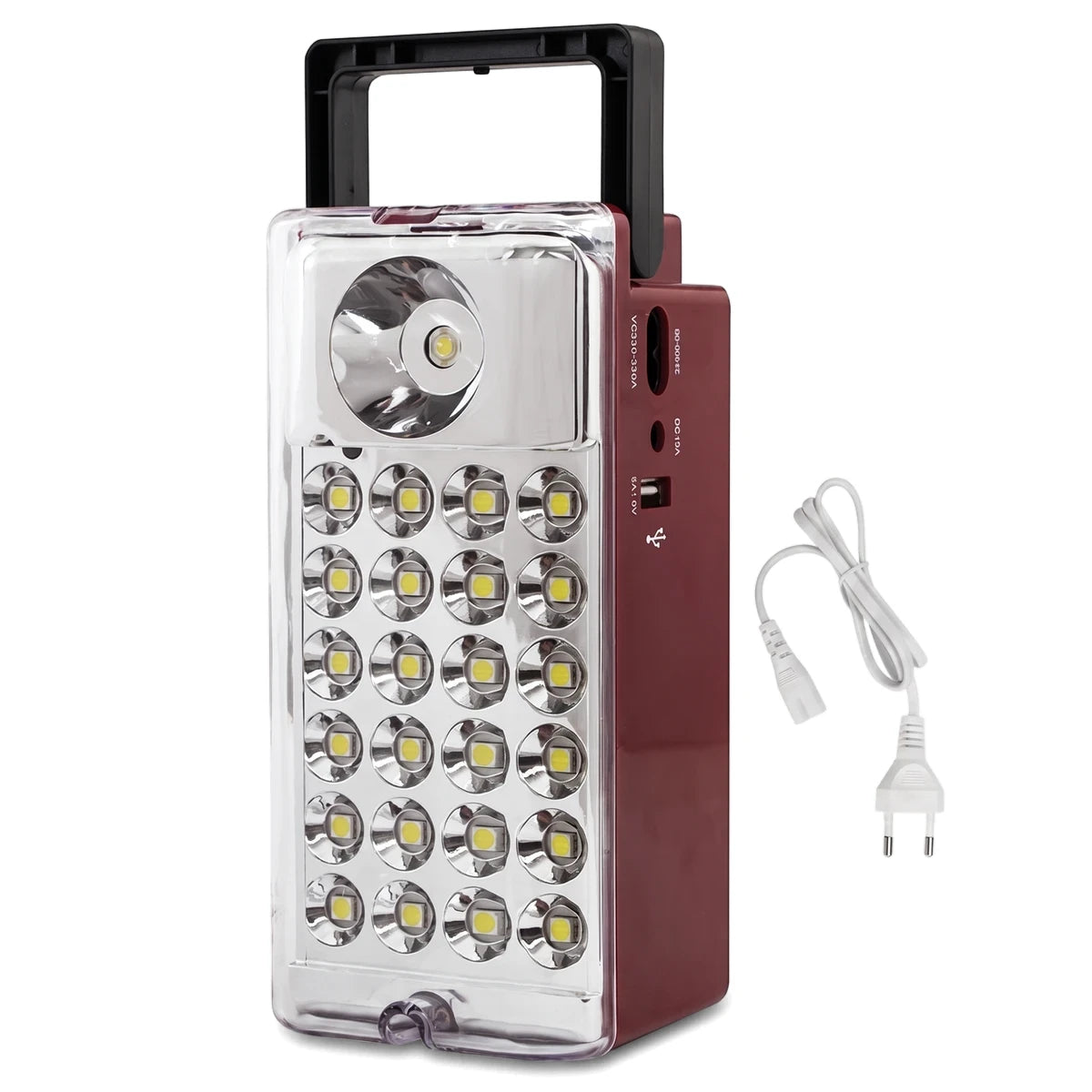 Portable red and clear rechargeable LED combo lantern with one main light and 24 panel lights, shown with its white power