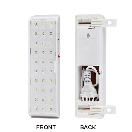 White rechargeable LED emergency light showing front with LED bulbs and back with integrated power cord, for portable