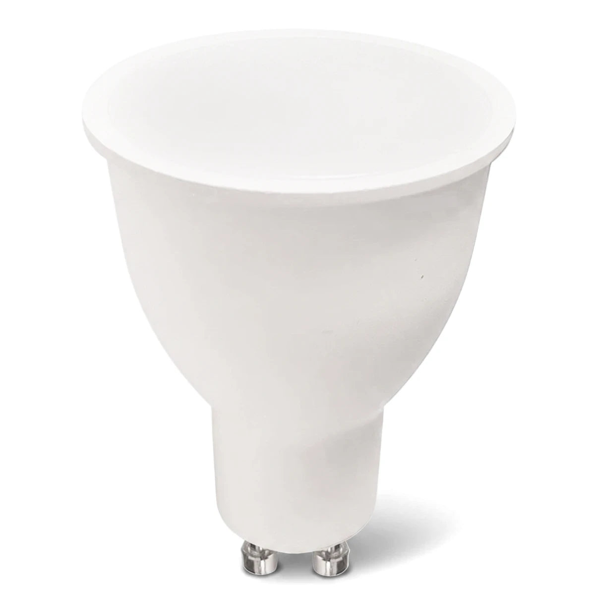 White rechargeable LED GU10 bulb, 5W 3000K warm white, shown from a front-elevated view, highlighting its conical shape and