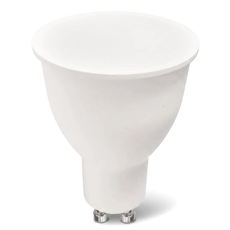 White rechargeable LED GU10 bulb, 5W 3000K warm white, shown from a front-elevated view, highlighting its conical shape and