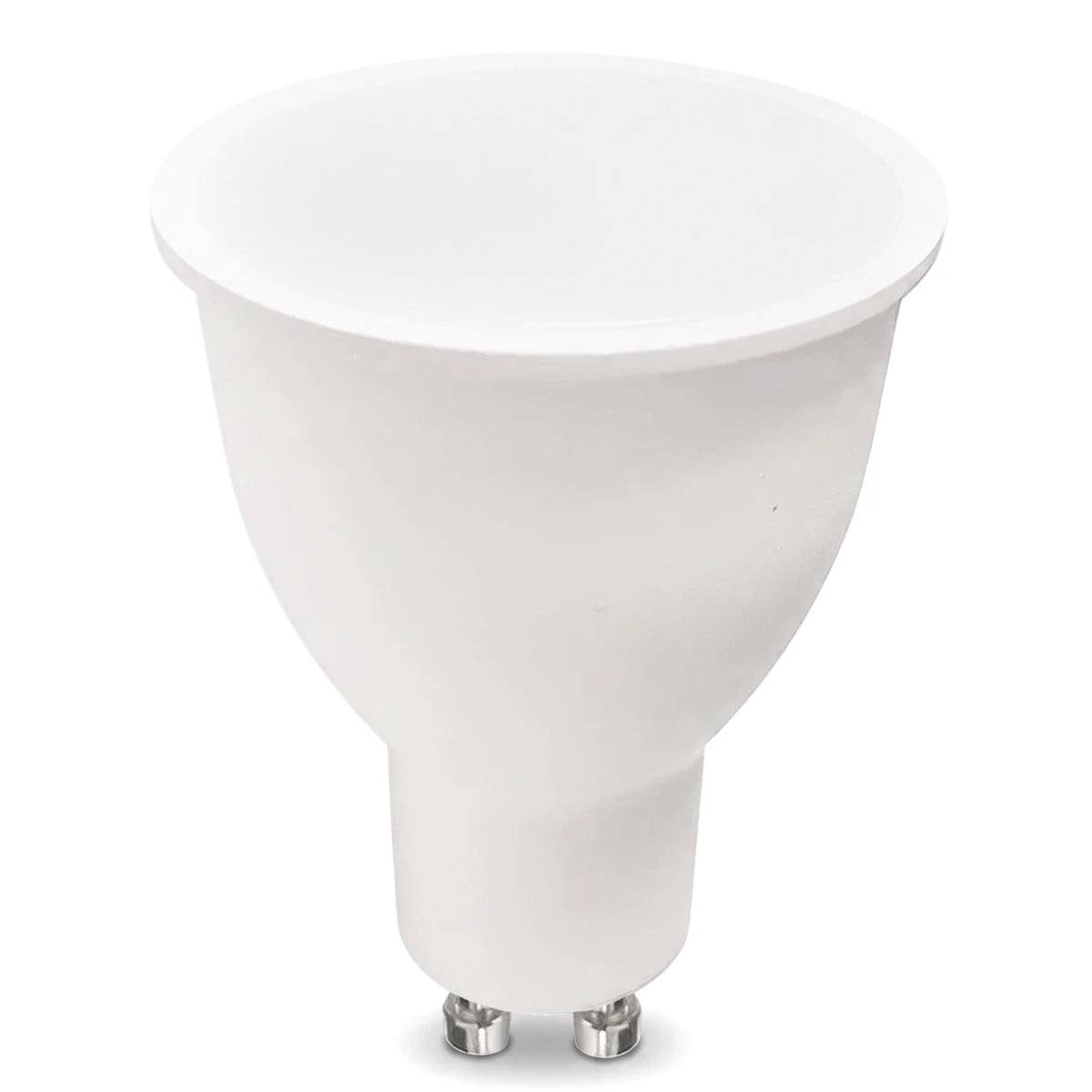 White LED GU10 bulb, 5W 4000K Cool White, with two metallic pins, viewed from a slight angle.