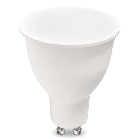 White LED GU10 bulb, 5W 4000K Cool White, with two metallic pins, viewed from a slight angle.