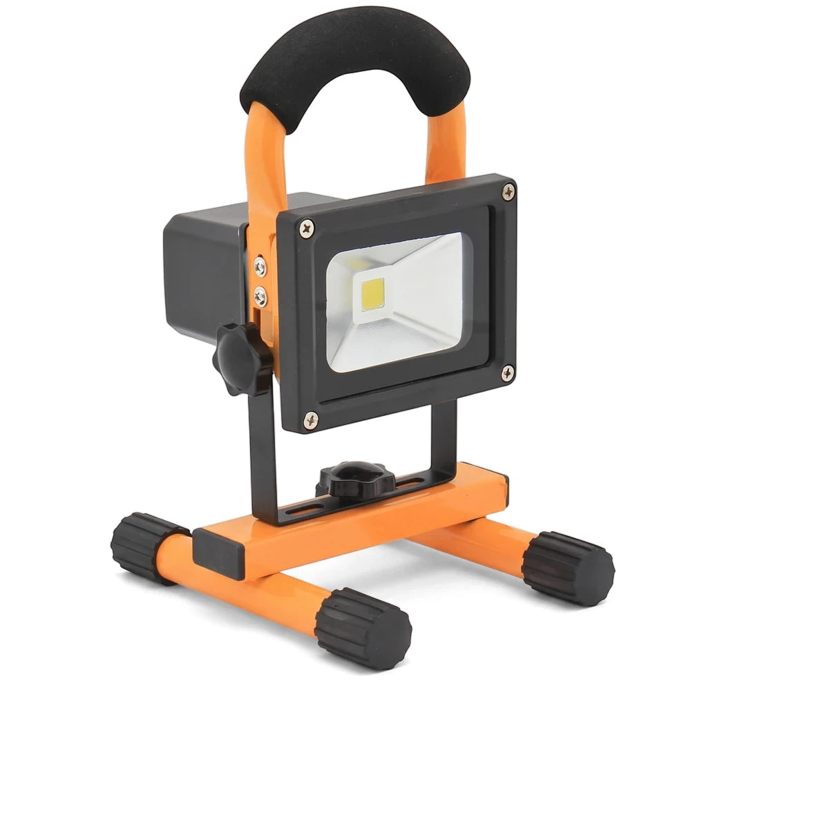 Rechargeable Portable Worklight 10W, featuring an orange and black design with a bright LED light panel on a stand.