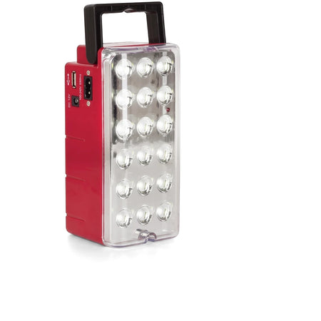 Red LED rechargeable lantern with a black handle and multiple bright lights, shown from a slightly angled view.