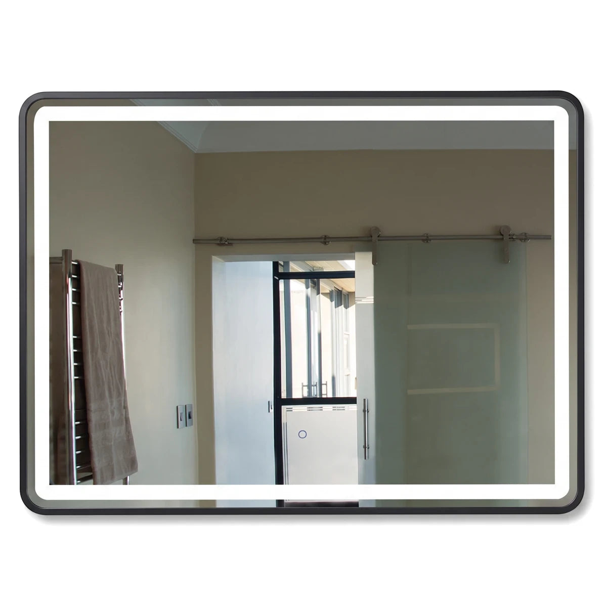 Rectangular black mirror with an illuminated edge and a circular touch switch, reflecting a modern bathroom interior.