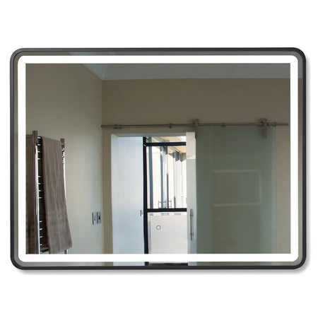 Rectangular black mirror with an illuminated edge and a circular touch switch, reflecting a modern bathroom interior.