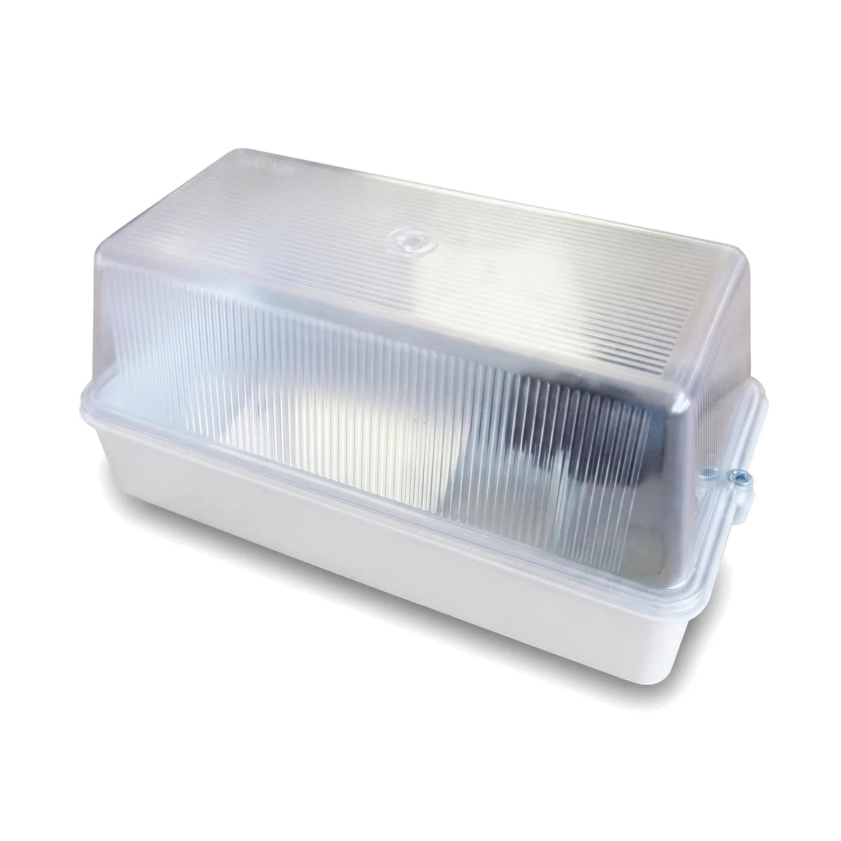 Rectangular die cast aluminum bulkhead light with a clear ribbed cover, shown from an elevated perspective.